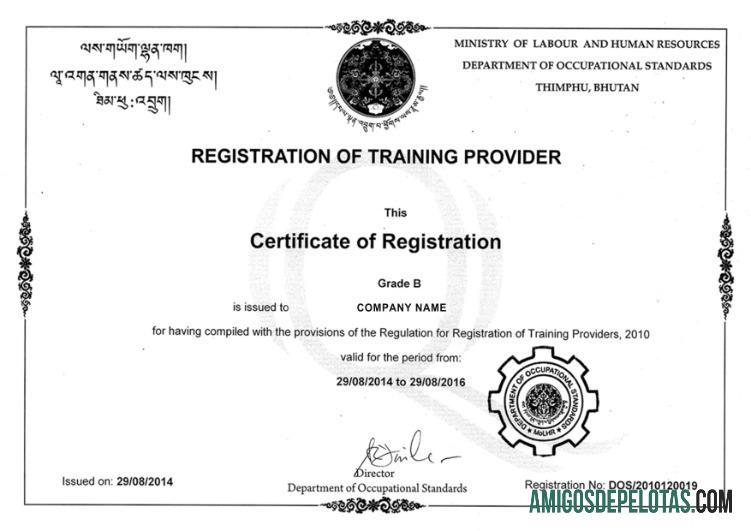 Exemplo de certificado de registro do Butão